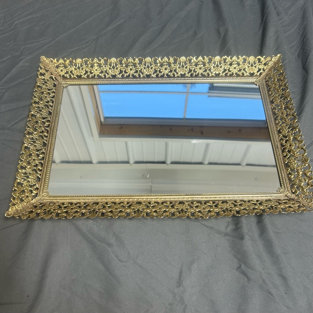Vintage Gold Filigree Mirrored Vanity Tray 16.5"x11.5" MCM Home Decor